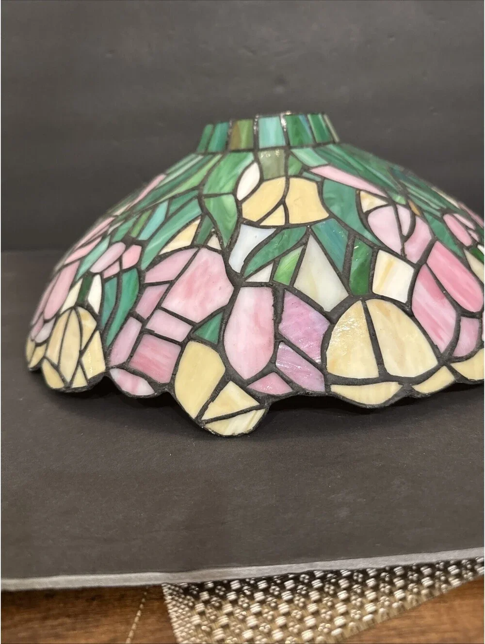 Tiffany Style Stained Glass Lamp 15” Shade Pink Yellow Green Floral Art Nouveau